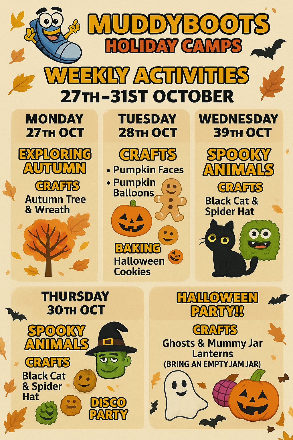 MuddyBoots October Holiday Camps poster with weekly activities and schedule